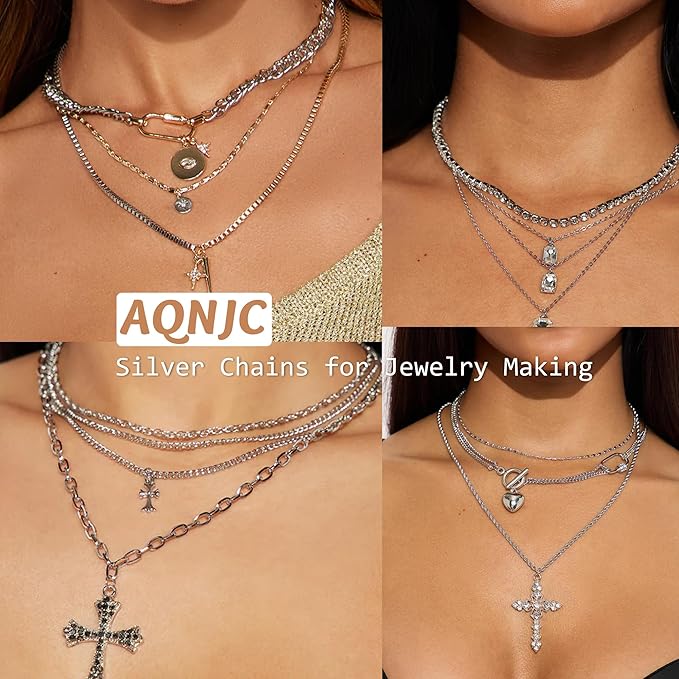 AQNJC Silver Chain for Jewelry Making, 98 Feet 12 Rolls Jewelry Chains with Silver Letter Charms for Women DIY Necklace Bracelet Making Supplies with Jump Rings, Lobster Clasps, Connectors