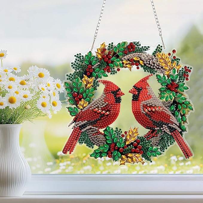 Hanging Diamond Art Kit for Adult, Cute Christmas Red Cardinals, 5D Special Shaped Rhinestone Diamond Painting Ornament, Cardinals, DIY Acrylic Diamond Art Painting Window Pendants Home Garden Decor