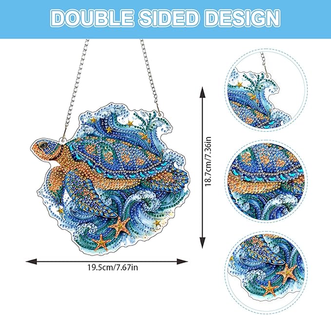 Lxmsja DIY Turtle Starfish Diamond Painting Hanging Ornament, Double-Sided Acrylic Ocean Waves Diamond Art Kit, Special Shaped Suncatcher Hanging Pendant Window Art Kit 7x8 inch