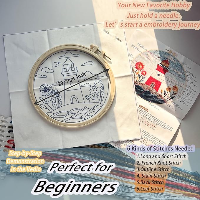 FONNUY Embroidery Kit for Beginners, Lighthouse Landscape Flowers Pre-Stamped Pattern Kits for Adults with Hoop, Easy to Follow Color Thread Needlework, 8'' Hoop (Blue)