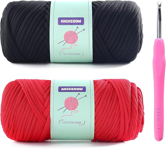 2 Skeins Tshirt Yarn for Crochet,Soft T Shirt Yarn for Crocheting Bag/Basket/Home Decor,Trapillo para Tejer a Crochet Bolsas with 1 Crochet Hook,Each Ribbon Yarn 7oz, 65yd（Black+Red）