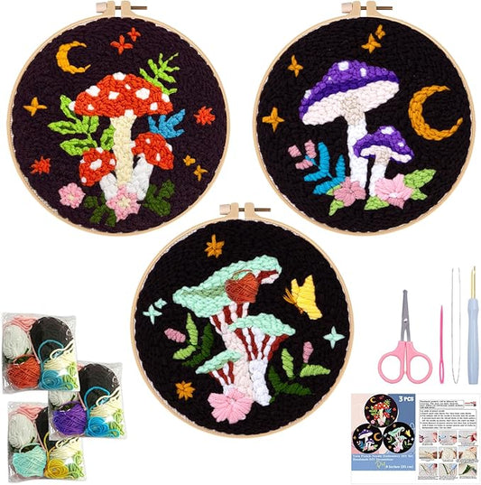 Nuberlic 3 Pack Punch Needle Kits for Beginners Mushroom Embroidery Pattern with Hoop Embroidery Punch Needle Starter Craft Set, Perfect Handmade Gift for Adults & Teens (Beginner-Friendly Crafts)