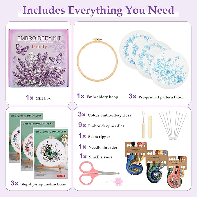 3 Sets Butterfly Flower Embroidery Kit for Beginners, Cross Stitch Practice Kits for Craft Lover with Pre-Stamped Patterns, 7.8-Inch Hoop, Threads, Needles, Step-by-Step Guide & Video, Needlepoint Kit