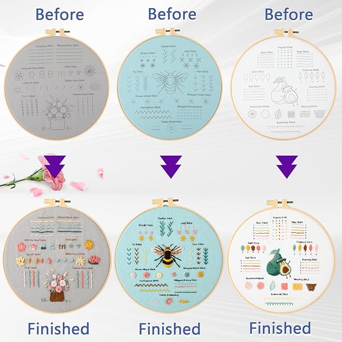 JOINRUN Beginner Embroidery Kit for Adults, 3 Pack Cross Stitch Kits with Pre-Printed Patterns, Threads, Needles, Learn Stitches with 7.8" Hoop, Video Tutorial, DIY Needlework Craft Gift for Women