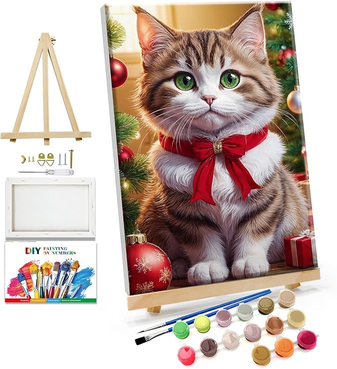 JOOZ Paint by Numbers Kit for Adults with Frame Christmas Cat Paint by Number with Easel Christmas Ball Adult Paint by Number Kits Framed DIY Oil Painting Kits for Gift Home Wall Decor 8x12 Inch