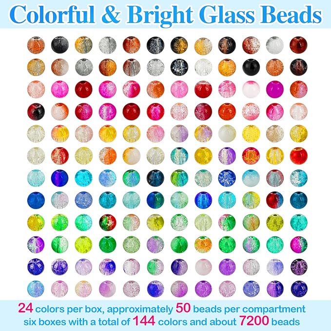 XSEINO About 7200pcs 144 Colors 6mm Crackle Glass Beads Bracelet Making Kit,6Box Different Style Crack Series Colorful Crystal Beads for Bracelet Jewelry Making,DIY Crafts,Friendship Bracelets