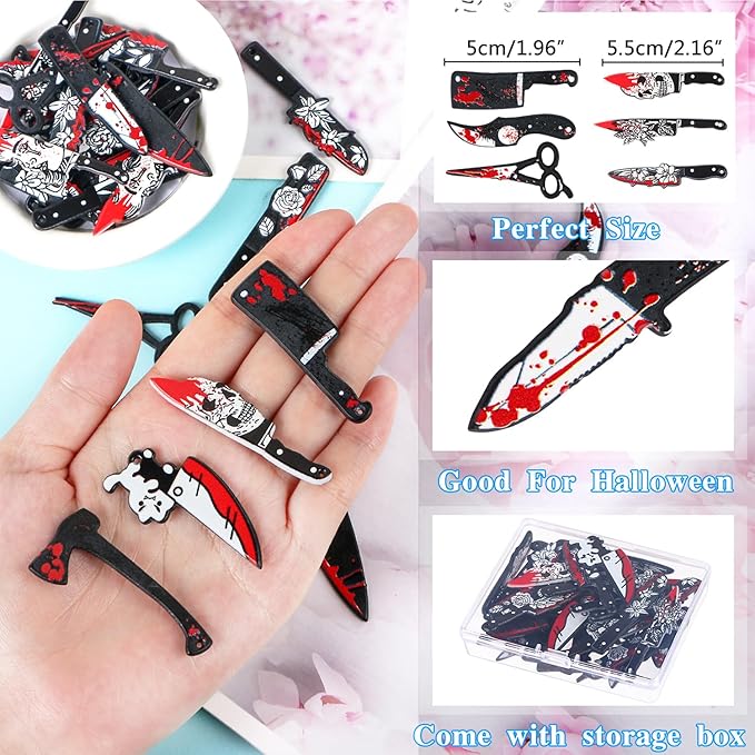 32 Pcs Fake Knife Charms, Halloween Charms Pendant Mini Resin Knives Bead for Women DIY Jewelry Making Crafting Halloween Fake Knives Flower Charms with Box, 16 Styles