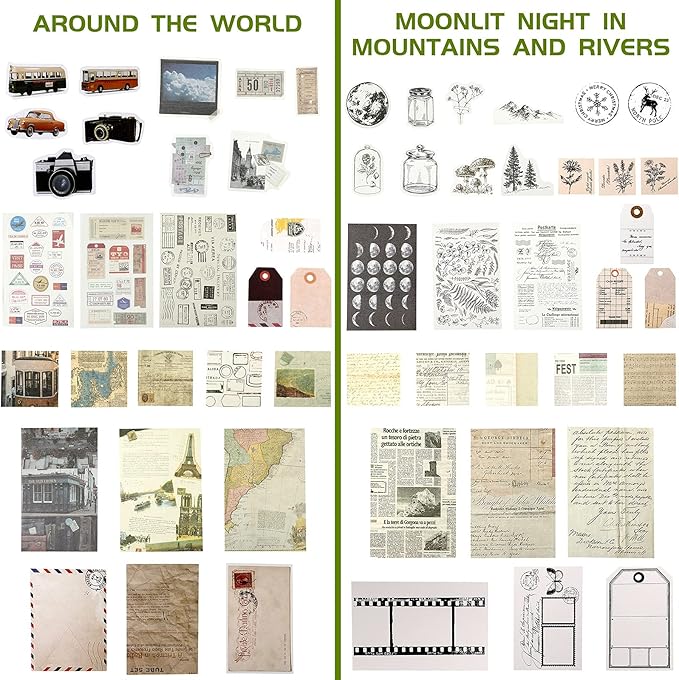 120 Pcs Vintage Aesthetic Scrapbook Kit Junk Journaling Supply with Retro Stamp Stickers,material Paper, Tag Card,hand Account Collage Card,pillow Box,twine Diary Supply Birthday Gift(Artsy Style)