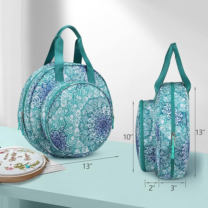 FINPAC Embroidery Project Bag, Embroidery Supplies Storage Carrying Tote Case with Multiple Pockets for Floss, Hoops, Thread, Stitch Tools Kit [Bag Only], Emerald Illusions