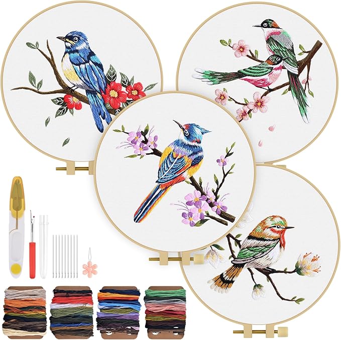 TINDTOP Embroidery Kit for Adults, Flowers and Bird Embroidery Practice Kits for Beginners Adults Include Embroidery Cloth Hoops Threads for Craft Lover Hand Stitch
