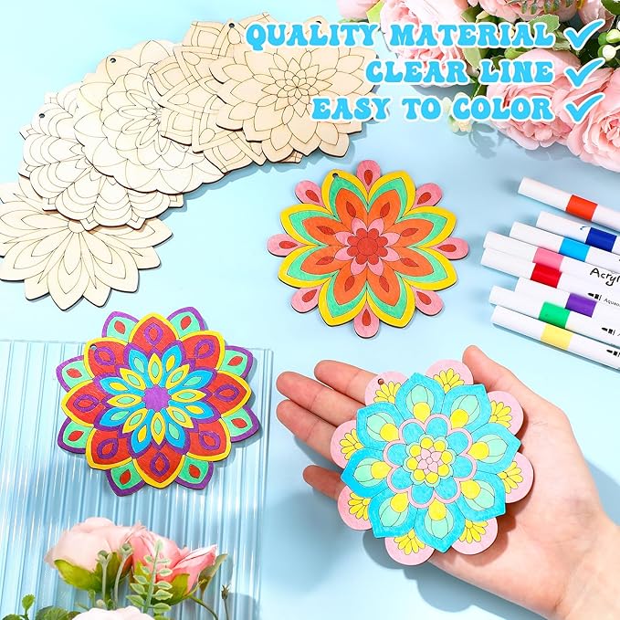 Blosssound 40 Pcs Unfinished Wood Mandala to Paint Wooden Mandala Painting Crafts Diwali Art Slices for Adult to Relax Painting DIY Crafts Ornament Wedding Home Decorations, 4 Inch(Fresh)