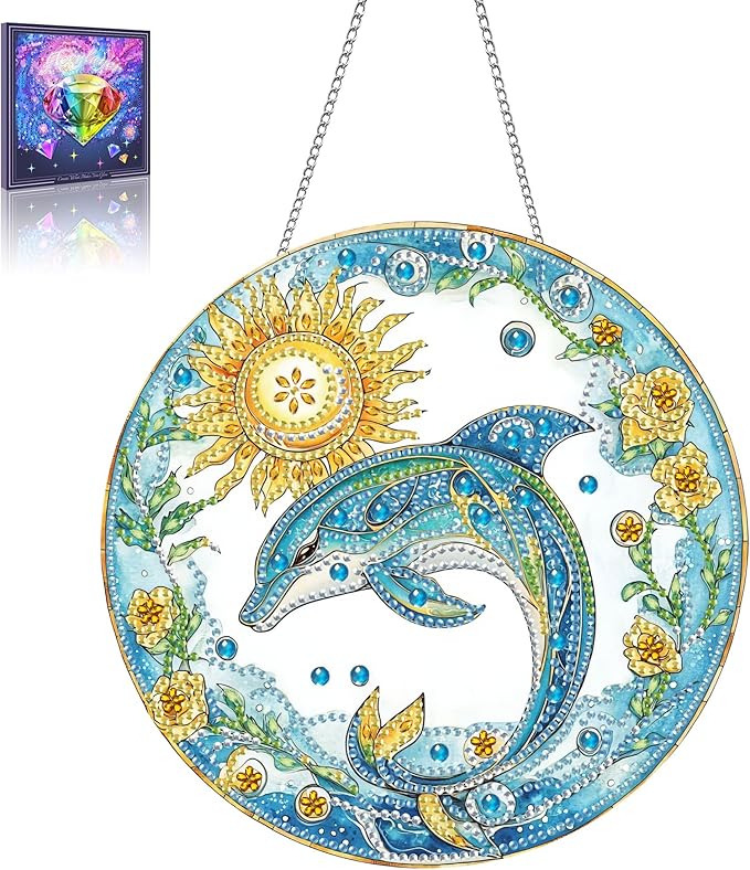 Wergund 5D DIY Dolphin Diamond Art Hanging Kits, Hanging Diamond Art Animal, Acrylic Special Shaped Rhinestone, Window Hanging Pendants for Home Wall Garden Front Door Outdoor Decor Gift(Dolphin)