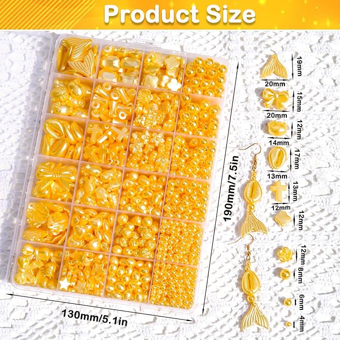 1170 Pcs ABS Imitation Pearl Beads for Jewelry Making, Assorted Heart Star Bowknot Circle Flower Aesthetic Cute Bead for Bracelet Necklaces Earrings Key Chains DIY Phone Charm Crafts (Yellow)