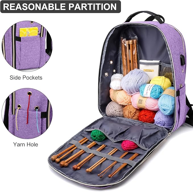 Liokesa Knitting Bag Backpack, Crochet Bag Tote, Large Yarn Storage Tote Bag with USB Charging Port, Yarn Holder Case for Carrying Projects, Knitting Needles, Yarn Supplies, Purple