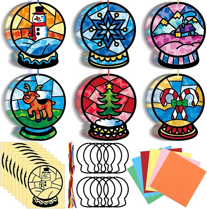 30 Pcs Christmas Snow Globe Suncatchers Paper Craft Set Snow Globe DIY Stained Glass Effect Tissue Paper Kits Gift Bulk for Xmas Classroom Activities Art Party Decor