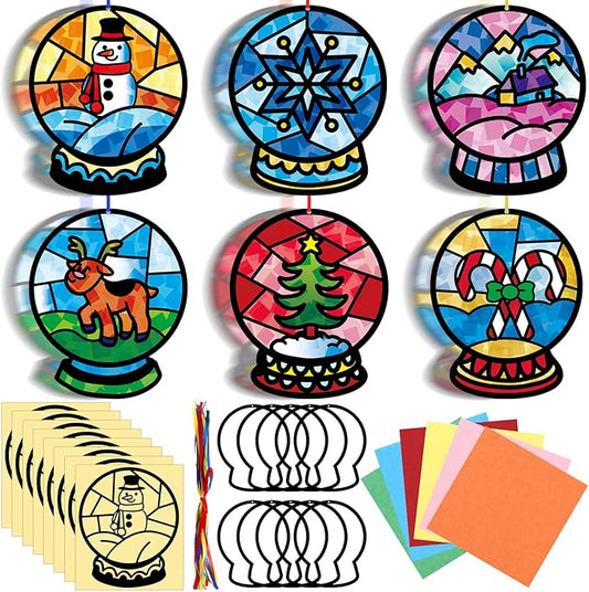 30 Pcs Christmas Snow Globe Suncatchers Paper Craft Set Snow Globe DIY Stained Glass Effect Tissue Paper Kits Gift Bulk for Xmas Classroom Activities Art Party Decor