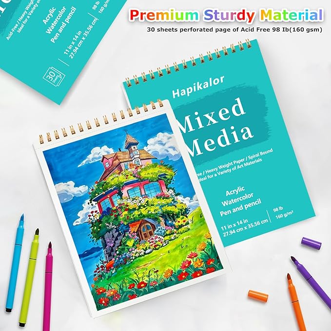 sketch book mixed media pad, 11" x 14" top spiral bound sketch pad, 30 sheets 98lb/160gsm acid-free drawing paper, art supplies sketchbook for drawing, sketching