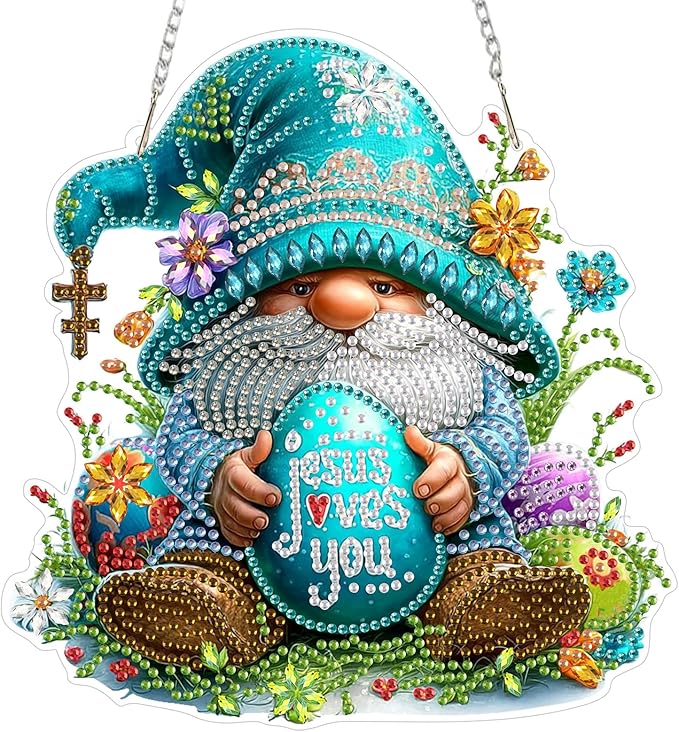 MOGTAA Easter Egg Diamond Art Hanging Kits for Adults Beginners, Gnomes Diamond Art Suncatchers, 5D Special Shape Flowers Diamond Painting Window Pendant Kit for Home Garden Wall Decor