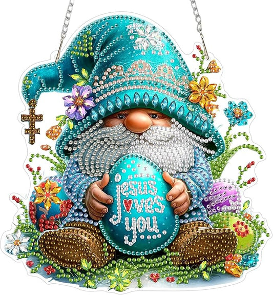 MOGTAA Easter Egg Diamond Art Hanging Kits for Adults Beginners, Gnomes Diamond Art Suncatchers, 5D Special Shape Flowers Diamond Painting Window Pendant Kit for Home Garden Wall Decor