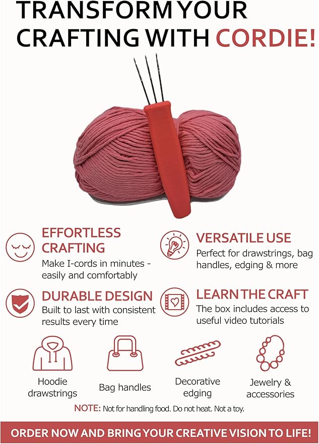 House Village Cordie - I-Cord Hand Tool for Knitting, Crochet, I-Cord Bind Offs and DIY Crafts (Coral Red) - Cord Maker, Compact Durable Craft Tool with Video Instructions