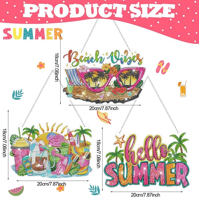 Burbell 3 Pcs Diamond Summer Beach Painting Kits Sunglasses Smoothie Diamond Art Hanging Ornament Sign DIY Painting Art Kits for Summer Adult Window Door Wall Decorations