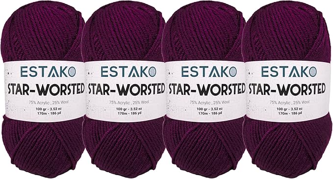 Estako Star-Worsted Yarn - (4 Skeins Pack) - 75% Acrylic 25% Wool - Soft Medium Weight #4 - (4 x 3.52 oz / 4 x 186 yds) - Crochet & Knitting Yarn (40609 - Aubergine)