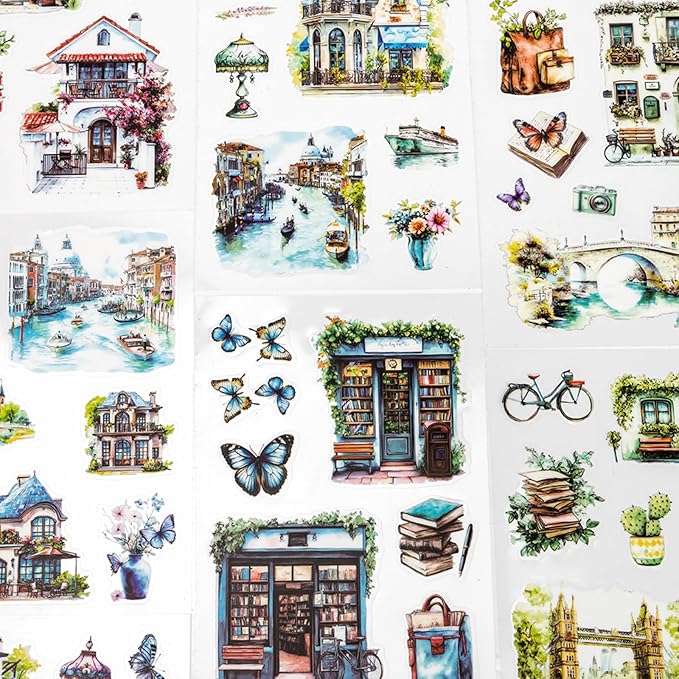 Water Mountain House Sticker Scrapbooking Supplies for Junk Journal, 20 Sheets PET Stickers - Vintage Journaling Stickers, Ephemera Sticker Book Pre Cut(TZ-009-004)
