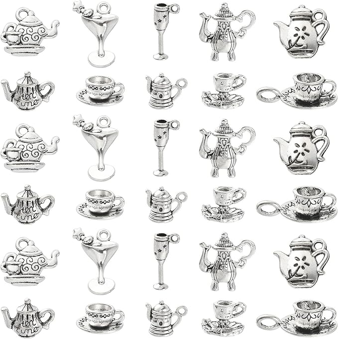 DanLingJewelry 100Pcs 10 Styles Antique Silver Afternoon Tea Theme Charms Tea Cup and Teapot Coffee Mug Charms DIY Jewelry Making