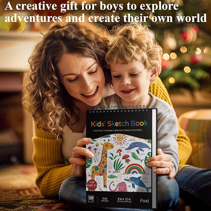 sketch book for kids, 9" x 12" kid sketchbook, 100 sheets (73lb/120gsm) drawing paper for kids, spiral sketch pad for kid, christmas gifts for grandkids.