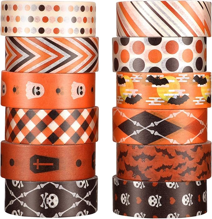 12 Rolls Washi Tape with Bat Ghost Bones Patterns - DIY Halloween Tape Wrappings Kits for Festivals & Decorations
