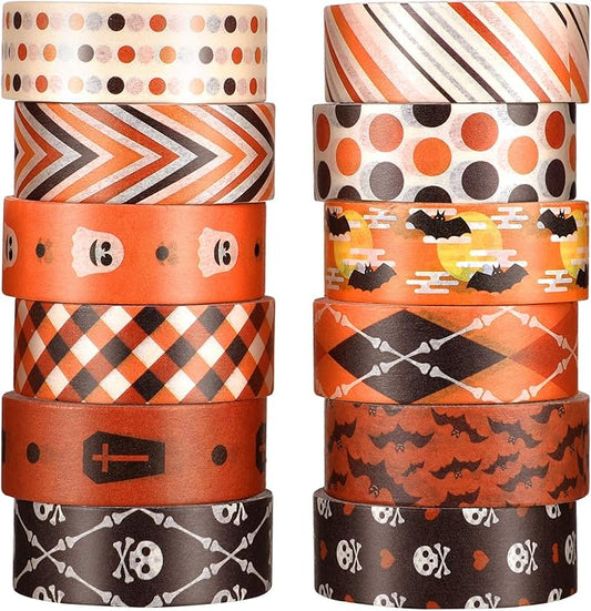 12 Rolls Washi Tape with Bat Ghost Bones Patterns - DIY Halloween Tape Wrappings Kits for Festivals & Decorations