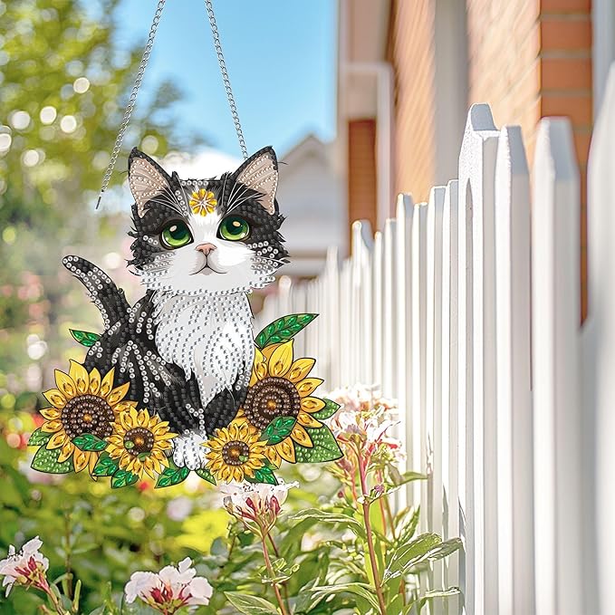 Wergund 5D DIY Cat Diamond Art Hanging Kits, Hanging Diamond Art Sunflower, Acrylic Special Shaped Rhinestone, Window Hanging Pendants for Home Wall Garden Front Door Outdoor Decor Gift(Cat)