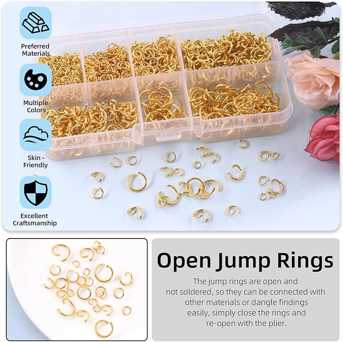 Glarks 1403Pcs 10mm 5mm 4mm 7mm 8mm Open Jump Rings Kit, Iron Round Ring Connectors Nickel Free Gold O Rings for Jewelry Making Connectors and Necklace Repair