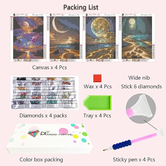 Muzagroo Art Moon Diamond Painting Kits for Adults 5D Diamond Art Kits for Beginners DIY Diamond Arts and Crafts for Living Room Diamond dots Kits Kids Room 4 PCS Wall Art(Moon)