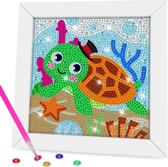 QEUOYSS Diamond Art Kit for Kids with Wooden Frame Art and Crafts for Kids Ages 6-8 -10-12 Easy to DIY Diamond Art for Kid and Adult Beginners Home Wall Decoration (Turtle)