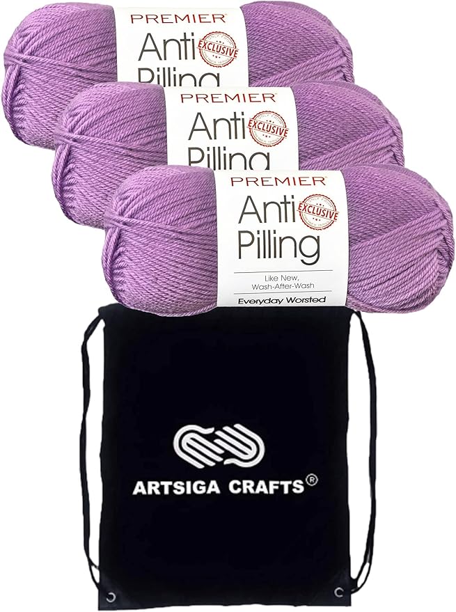 Premier Yarns Everyday Anti-Pilling Solid Orchid DN100-20 (3-Skeins - Same Dye Lot) #4 Worsted Weight Acrylic Yarn for Crocheting and Knitting with Project Bag