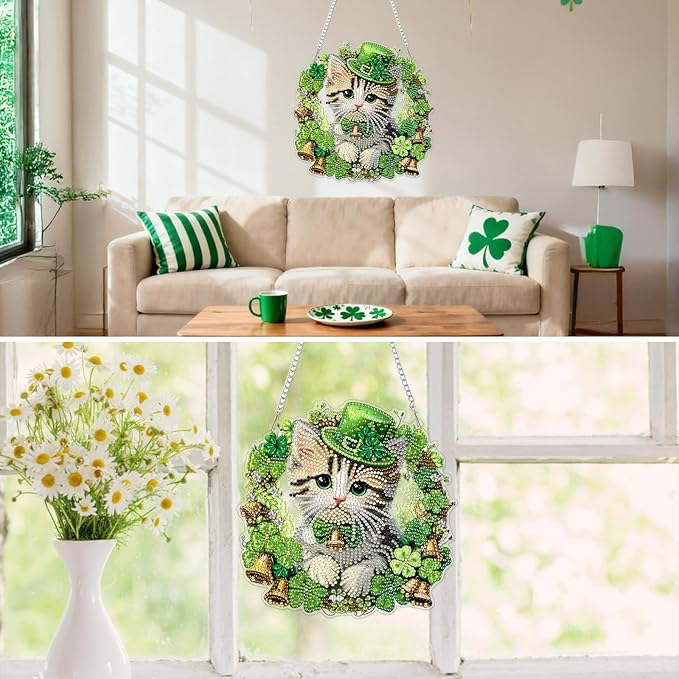MXJSUA St. Patrick's Day Cat Diamond Art Hanging Kits for Adults Beginners, Crystal Diamond Suncatchers, Special Shape Diamond Painting Pendant Window Ornament Gifts for Home Garden Door Wall Decor