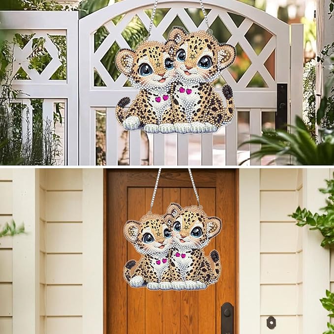 MXJSUA Two Leopard Diamond Art Hanging Kits for Adults Beginners, DIY Acrylic Special Shaped Crystal Diamond Gem Drills Pendant Art Painting Ornament for Home Wall Decor Gift 8x8 inch