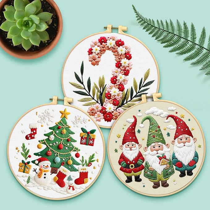 ERKOON Embroidery Kit for Beginners, 5 Sets Christmas Cross Stitch Set for Adults Include Embroidery Cloth Hoops Threads for Craft Lover Hand Stitch with Skill Techniques (Christmas#2)