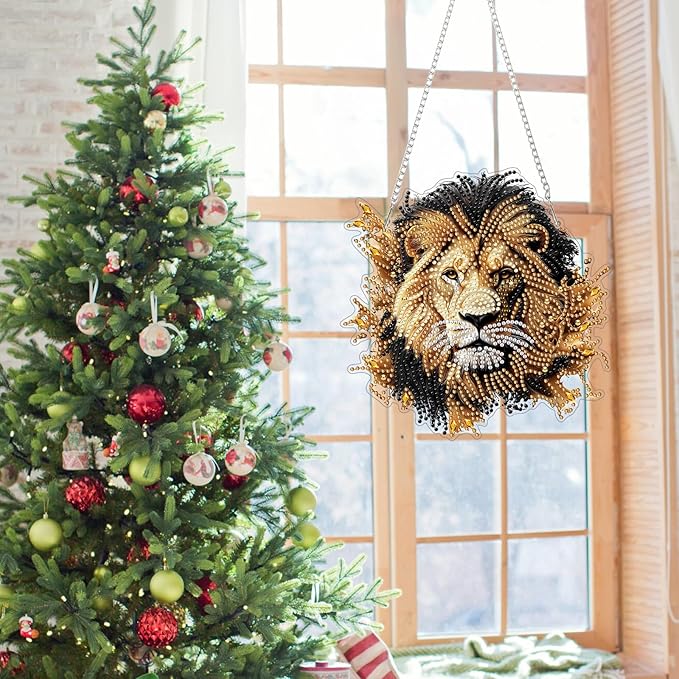 Genius maker Lion Diamond Art Hanging Kits for Adults, Animal Diamond Painting Pendant Kits, DIY Acrylic 5D Special Shaped Crystal Diamonds Gem Art Painting Ornament for Home Wall Decor Gift 8x8 Inch