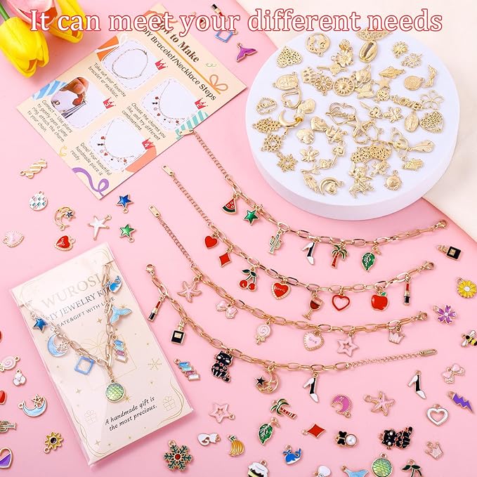 Wurosi 413 Pieces Gold Paperclip Charm Bracelet Making Kit, Including Paperclip Chain Bracelets, Charms, Jump Rings, Gift Bags, Pliers for Crafts Beginner Supplies Gift