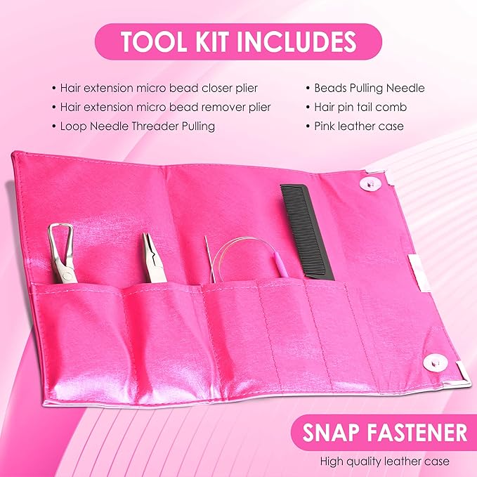 Beauty & Crafts Hair Extension Tools- Stainless Steel Pliers Set for Micro Beads- 1 Crochet Needle 1 Pulling Hook with Tail Comb- Micro Links Tool Kit with Leather Pouch- (Pink)