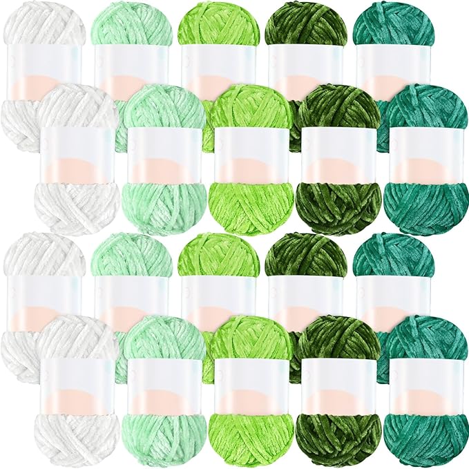 Woanger 20 Skeins Soft Chenille Yarn Velvet Blanket Yarn for Crocheting Hand Knitting Weaving DIY Craft, 10 Colors, 93 Yards Each (Green Tone)