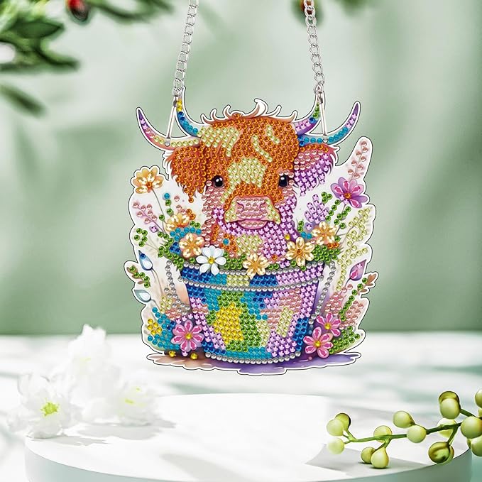 AiYuanzsh Animal Cow Diamond Painting Pendant Kit, 5D DIY Acrylic Diamond Art Hanging Ornament with Flower Pot and Floral Design, Special Shaped Rhinestone Pendant Craft, Wall Decor Gift for Adults