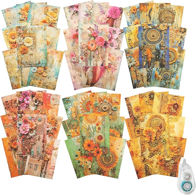 180 Sheets Bohemian Scrapbook Paper, Vintage Ephemer for Scrapbooking Journaling Junk Journal Supplies,with Glue Tape