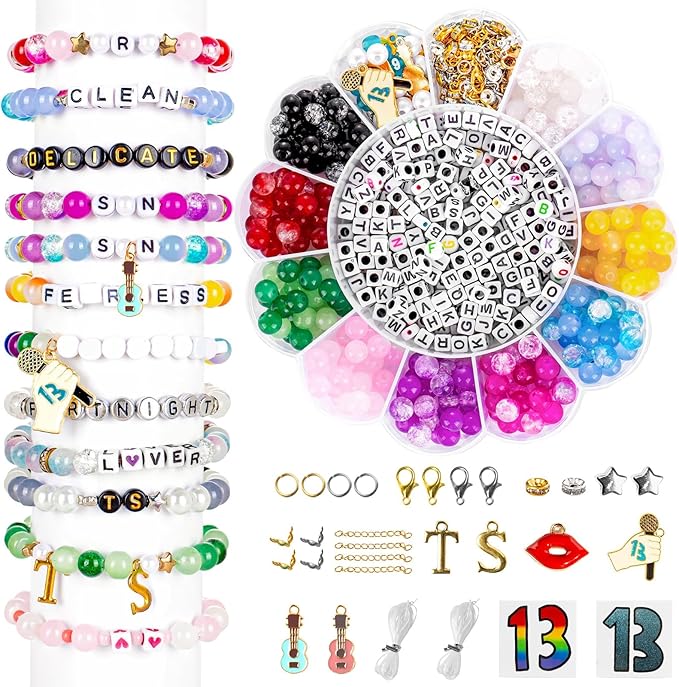 Goldwise Friendship Bracelet Making Kit for Fans -19 Colors(Album Inspired) 8mm Glass Beads for Jewelry Making,Letter Beads (A-Z),Varieties of Charms, DIY Crafts for Gifts Birthday