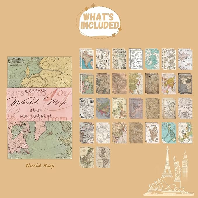 60 Sheets Junk Journal Ephemera Kit, 30 Unique Vintage Scrapbook Paper Patterns for Bullet Journal, Planner Supplies, 3x2 inch (80x50mm) Collage Material (World Map)