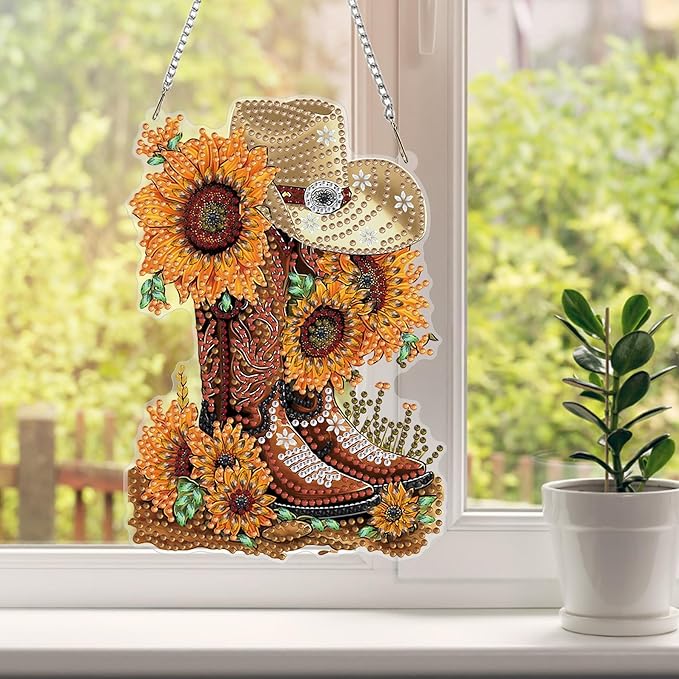 HEIBAGO Cowboy Boot Diamond Art Hanging Kits for Adults, Sunflower Diamond Art Suncatchers, 5D Special Shape Diamond Painting Pendant Window Ornament Gifts for Home Garden Door Wall Decor 8.3 x 8.3 In