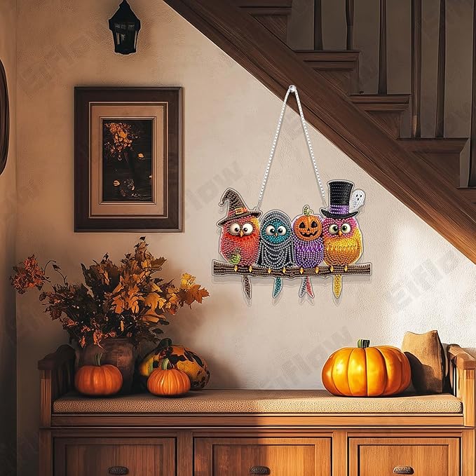 Eiflow Acrylic Diamond Art Hanging Kit for Adults Halloween Bird, DIY Diamonds Painting Door Hanger Board Kit, Special Crystal Diamond Art Painting Pendant Ornament