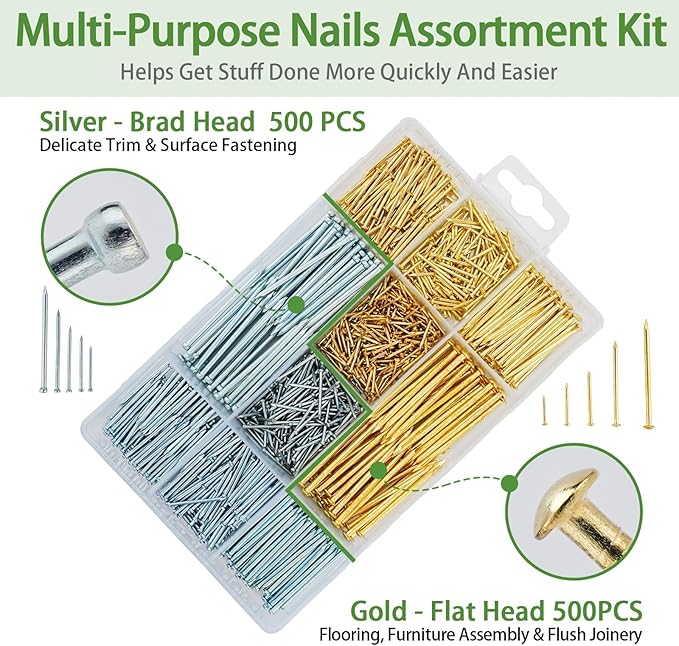 1002pcs Hardware Nails Assortment Kit, Nails for Hanging Pictures, Small Wall Nails for Hanging, Finishing Nails, Common Wood Nails, Mini 8oz Claw Hammer and Nails Set with Magnetic Wristband